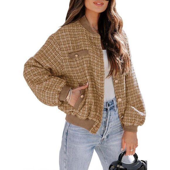 Womens Smoke Gray Fashion Plaid JacketFall Winter Button Short Cropped Trendy